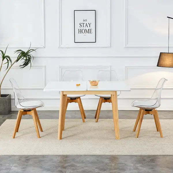 Foldable Computer Desk with 4 Rotating Chairs, White Stone Top, Rubber Wood Legs - ZD-1545 SC-003