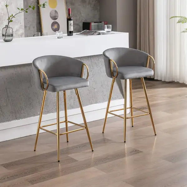 26 Inch Velvet Bar Stools Set of 2, Chrome Footrest, Gold Legs, Gray - Minihomy