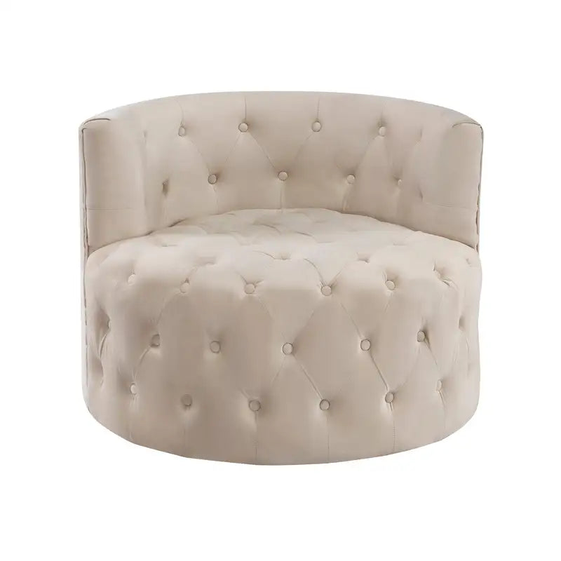 Beige Velvet Swivel Accent Chair - Modern Tufted Barrel Chair