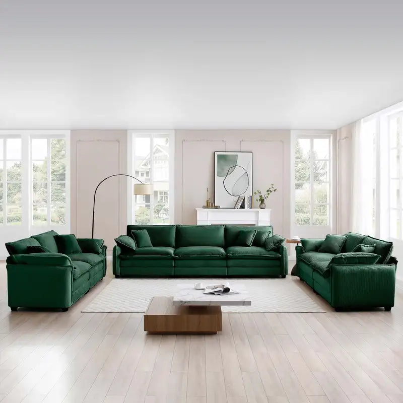 Green Corduroy Sofa Set: 3 Pieces (2x 2-Seater, 1x 3-Seater) Deep Seating