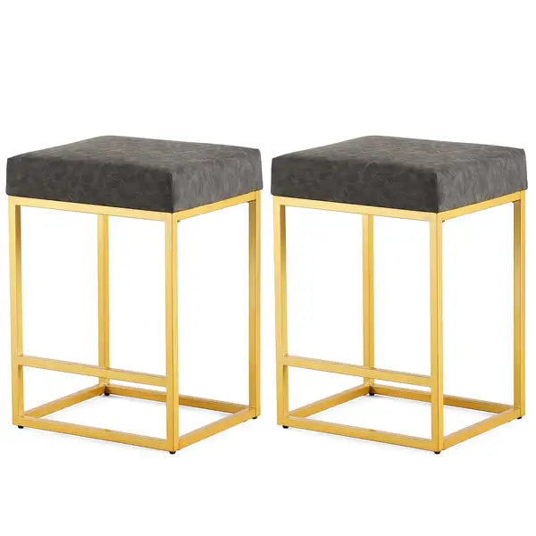 Grey Upholstered Counter & Bar Stools with Footrest, PU Leather (Set of 2) - Minihomy