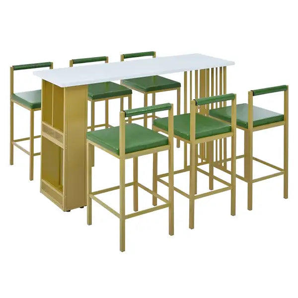 7-Piece Counter Height Dining Set with Upholstered Stools - White & Green - TREXM - Minihomy