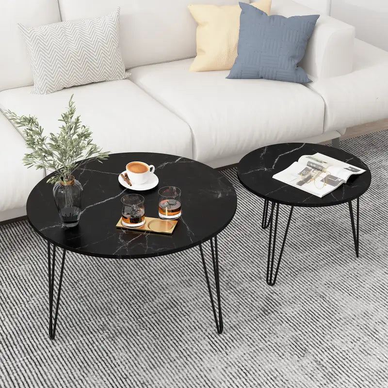 Round Nesting Coffee Table Set (2), Marble Top, Black Metal Base