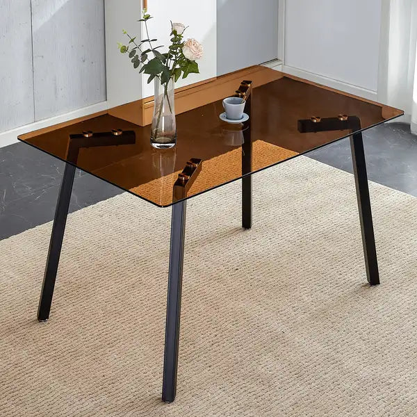 Modern Rectangular Tea Brown Glass Dining Table with Black Metal Legs - 51" x 31.5" x 29.5"