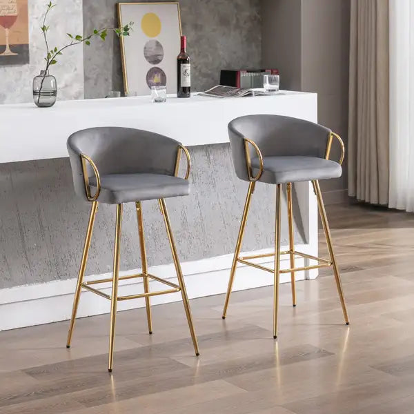 26 Inch Velvet Bar Stools Set of 2, Chrome Footrest, Gold Legs, Gray - Minihomy