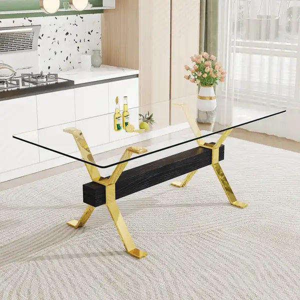 Modern Glass Dining Table with Gold Legs - 71"x35.4"x30" - Home & Office Desk 1105 - Minihomy