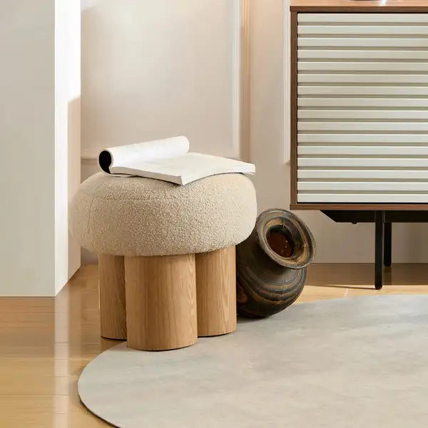 Walnut Mushroom Stool with Plush Cushion - Wooden Barrel Design