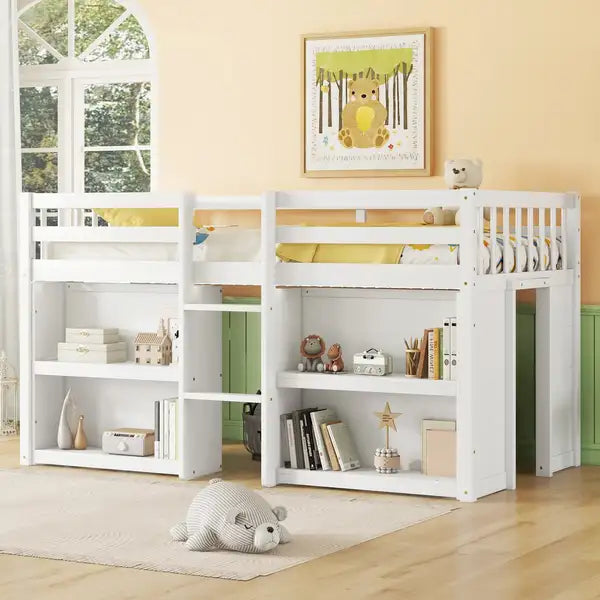 Twin Low Loft Bed with Shelves & LED Light - White for Kids