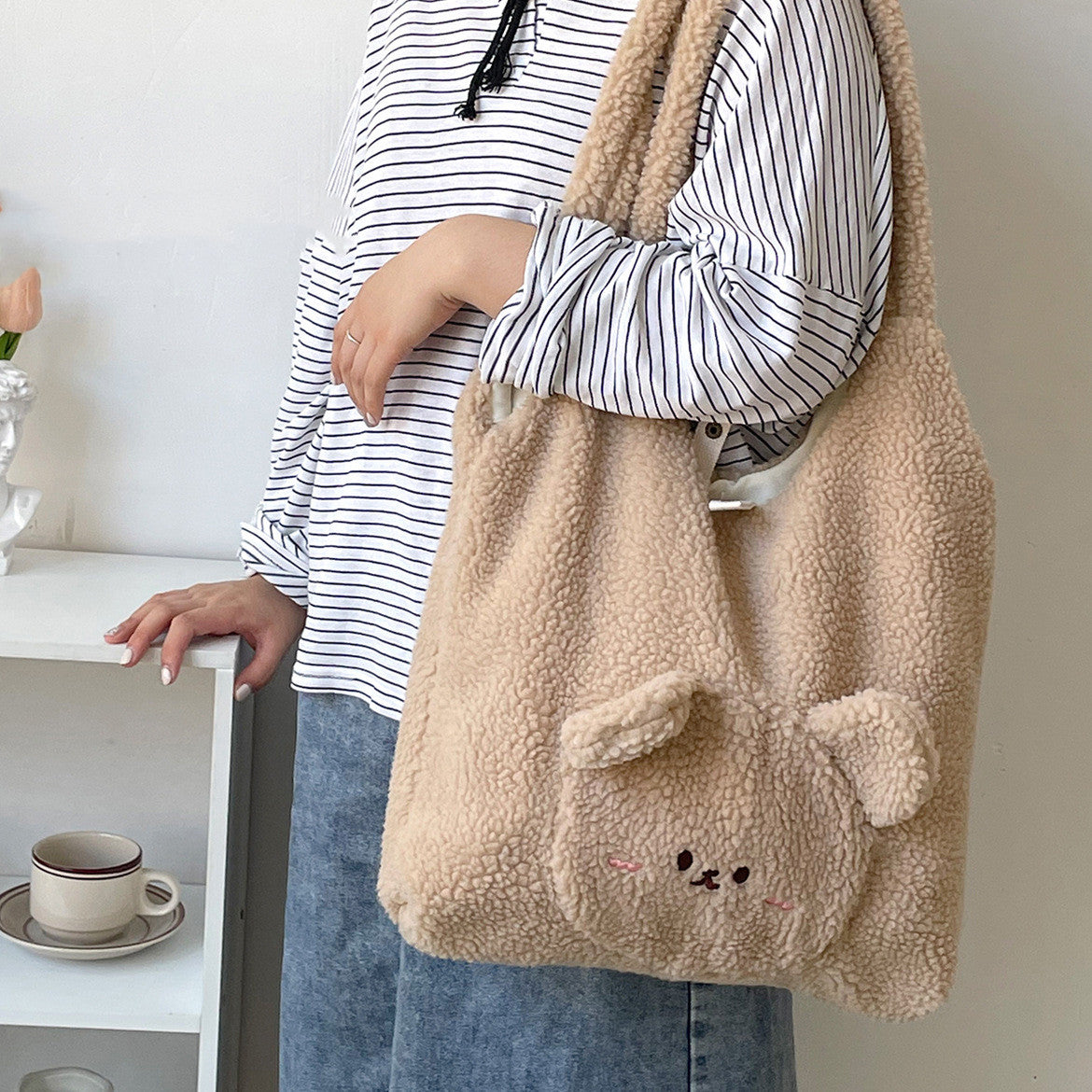 Personalized 3D Cartoon Bear Lamb Wool Shoulder Bag for Women