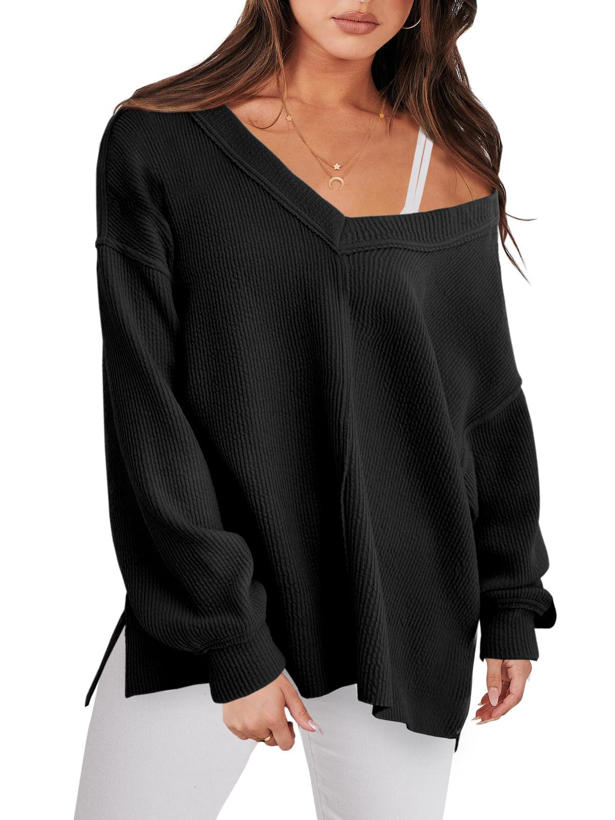 Lightweight V-neck Sweaters Women Winter Casual Long Sleeve Pullover Top