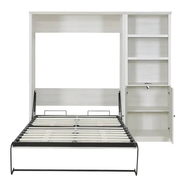 Full Size Murphy Bed with Storage | Space-Saving Bed for Guest Room, Home Office, Rustic White - Minihomy