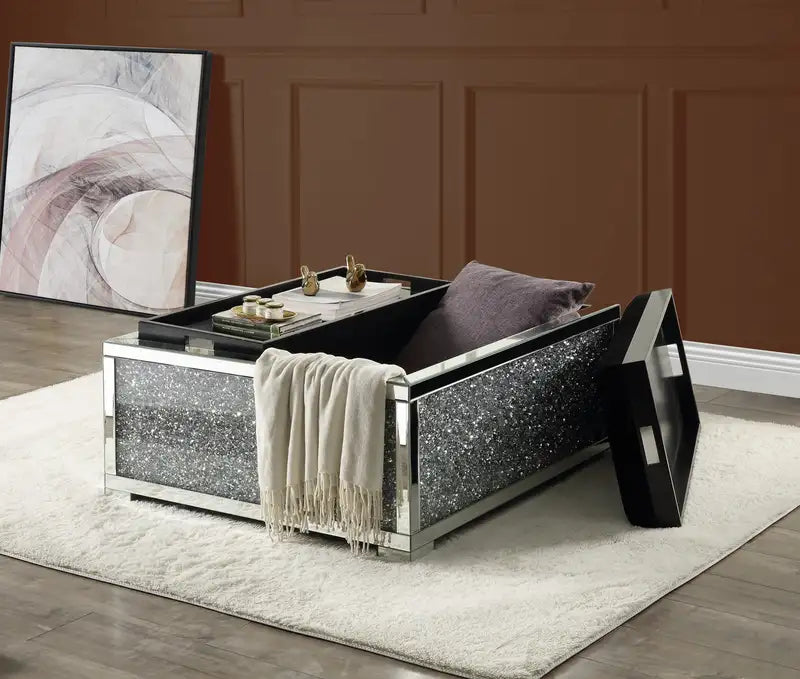 ACME Noralie Mirrored Ottoman with Storage - Faux Diamonds