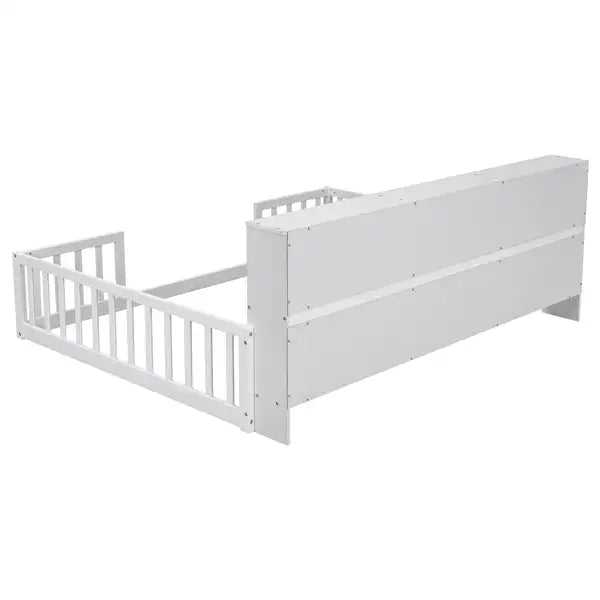 Full Size Platform Bed with Bookcase, Shelves, Guardrails - White - Minihomy