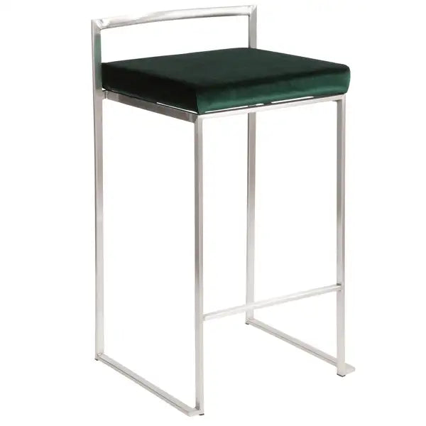 LumiSource Fuji Green Velvet Counter Stools - Set of 2 - Stainless Steel