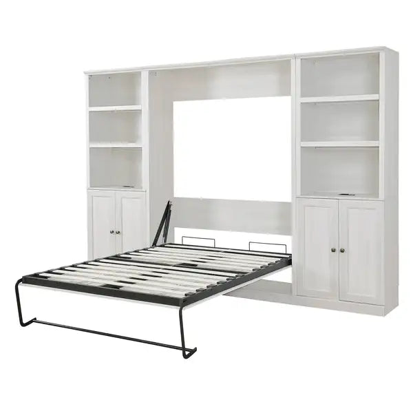 Full Size Murphy Bed with Storage - Self-Closing, Rustic White, Space-Saving for Guest Room, Home Office - Minihomy