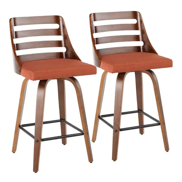 LumiSource Trevi Mid-Century Modern Counter Stools - Walnut Wood & Orange Fabric (Set of 2)