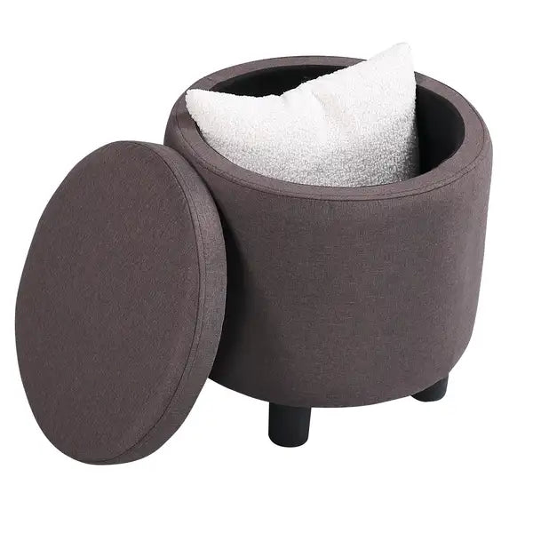 Brown Tufted Storage Ottoman - Round Footrest for Living Room & Bedroom