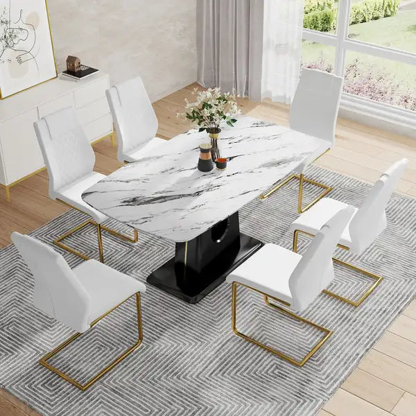 Modern Dining Table Set with Imitation Marble Top & Comfortable Chairs - Living & Dining Room - Minihomy