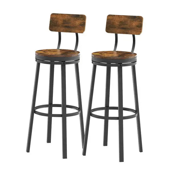 Industrial Bar Stools Set of 2 with Backrest - Rustic Brown, 29.5" High, Metal Frame - Minihomy