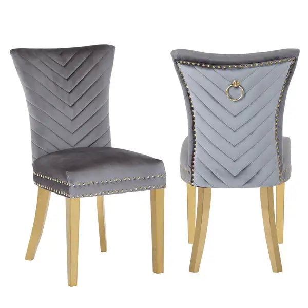 Gray Velvet Dining Chairs with Gold Legs - Set of 2