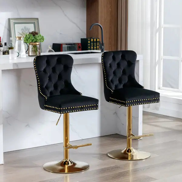 Thick Golden Velvet Swivel Barstools (Set of 2) - Adjustable Height, Tufted Back, Black