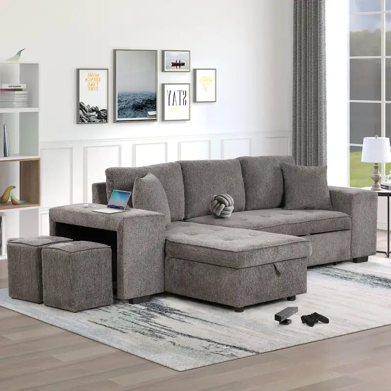 Reversible L-Shaped Sectional Sofa with Sleeper, Storage & Ottomans - Charcoal