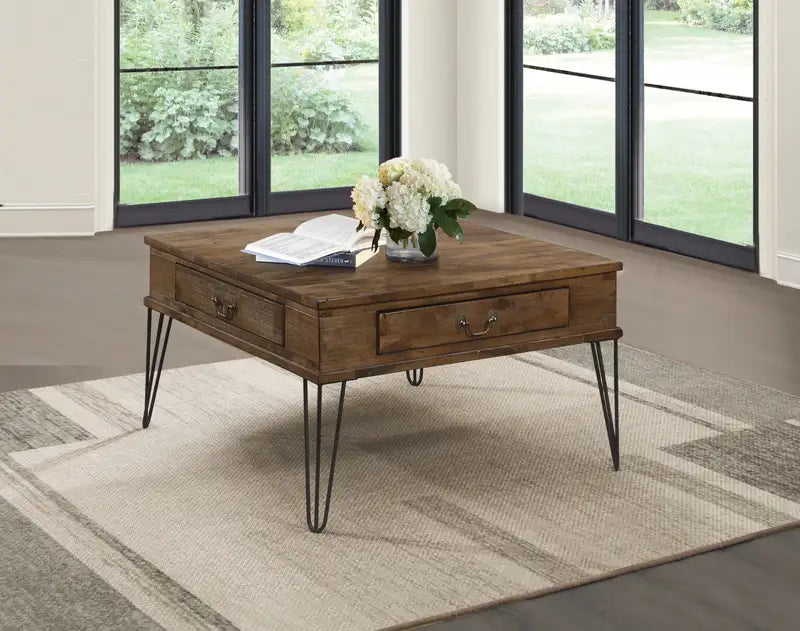 Rustic Oak Cocktail Table with Drawers & Metal Legs - Solid Wood Coffee Table