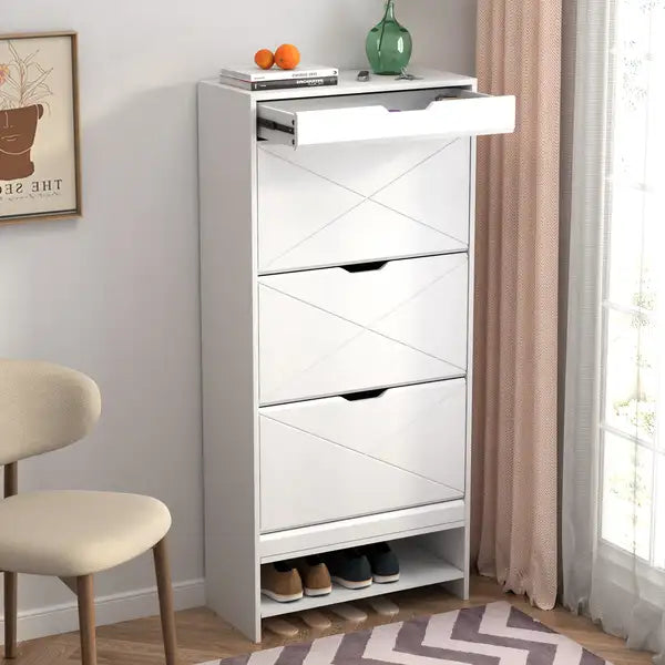 White Shoe Cabinet with 3 Flip Drawers - Entryway & Bedroom Storage