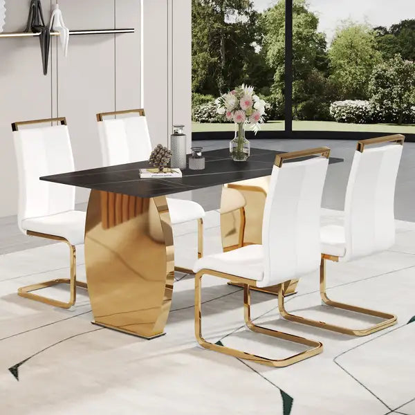 Modern Rectangular Dining Table & Chair Set with Black Patterned Top & Gold Legs - Kitchen, Dining, Living Room