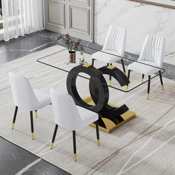 Modern Minimalist Glass Dining Table for 6-8 | Black Metal Base & Tempered Glass Top - Minihomy