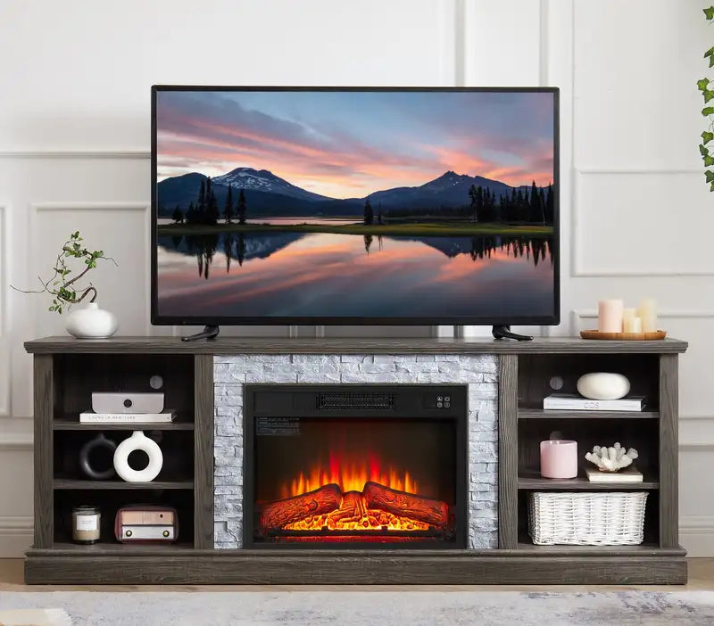 70" Modern TV Stand with Fireplace & Storage - Grey Media Console