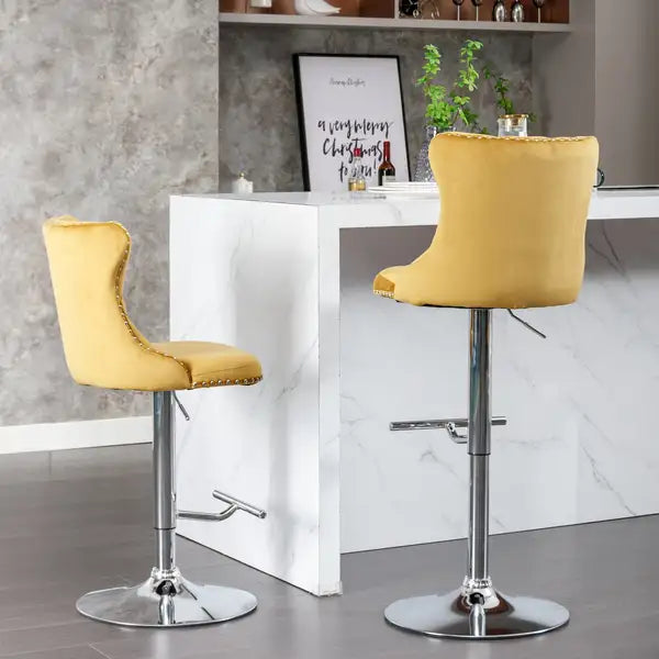 Gold Velvet Barstools Set of 2 - Adjustable Height, Tufted Back, Chrome Base for Kitchen Island - Minihomy