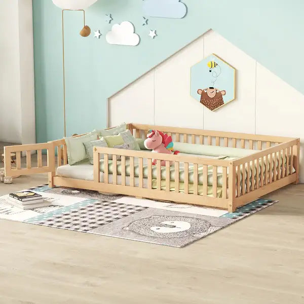 Full Size Kids Bed with Safety Rails, Door & Natural Finish