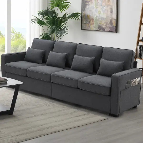 104" Modern Linen Sofa - 4-Seater Couch with Pillows & Pockets - 3 Colors