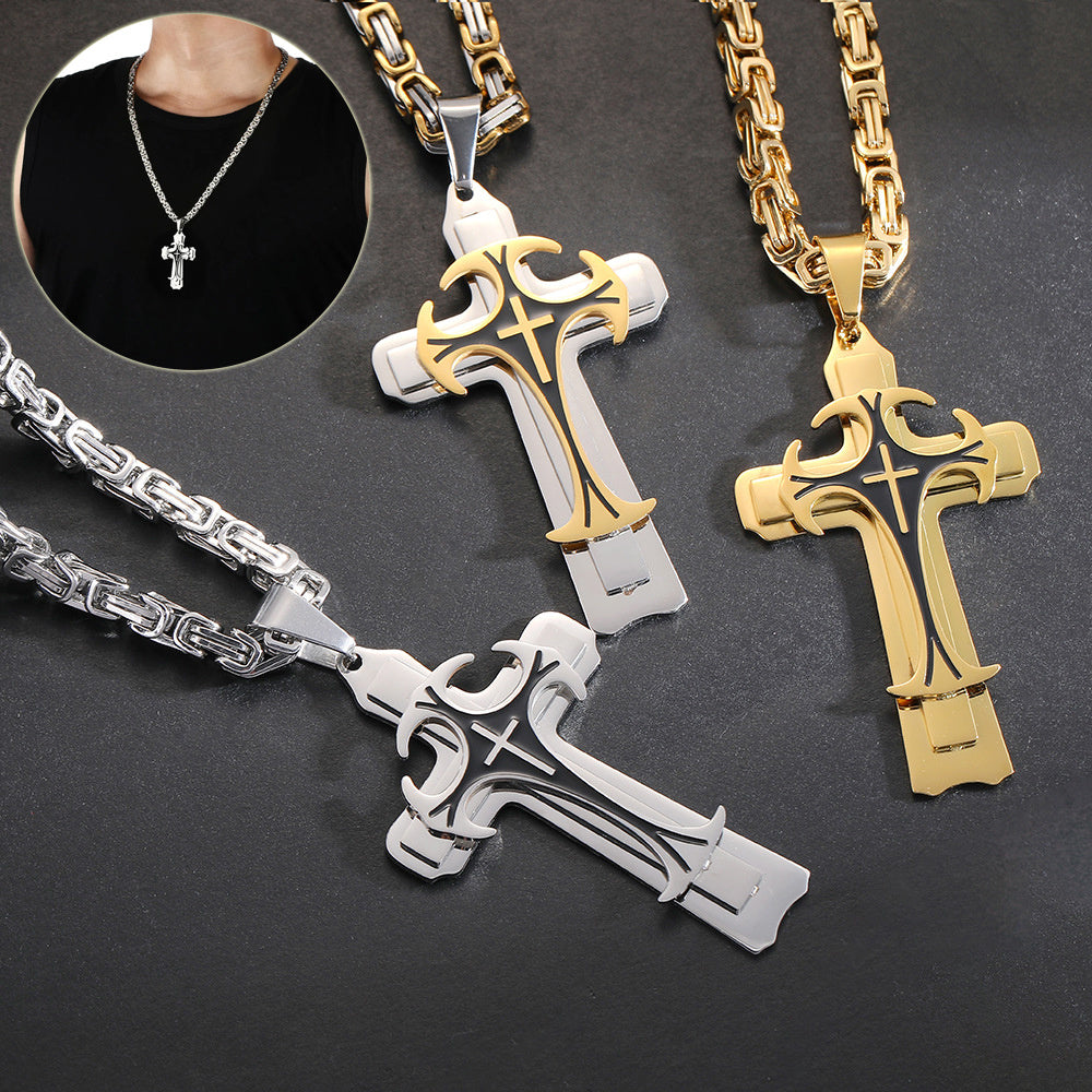 Stainless Steel Trinity Cross Necklace for Men - 3 Layer Pendant Jewelry Gift