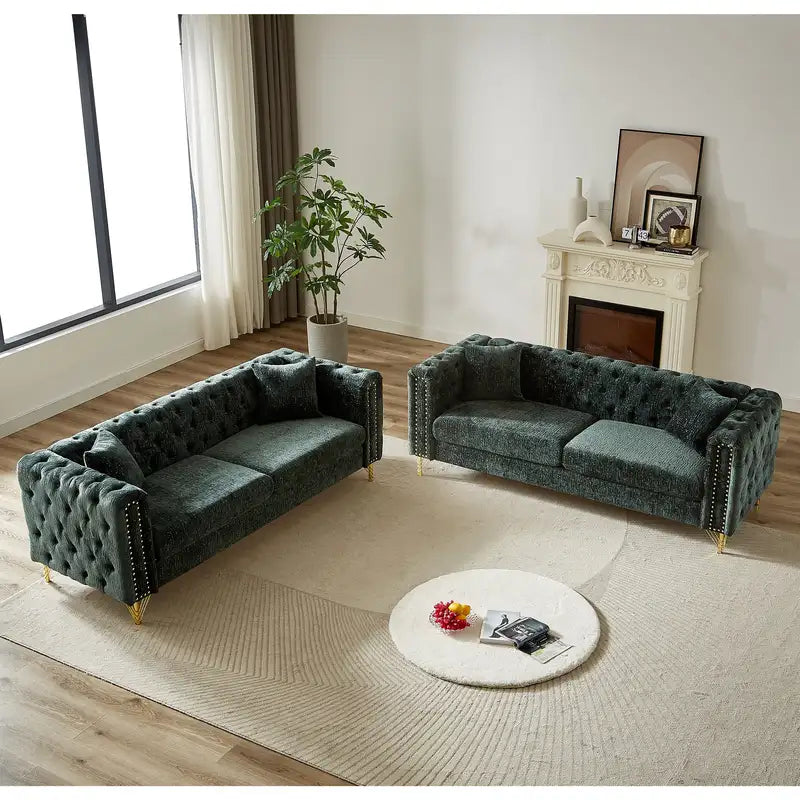 Modern Chenille Sofa - Copper Nailhead Trim & Metal Legs