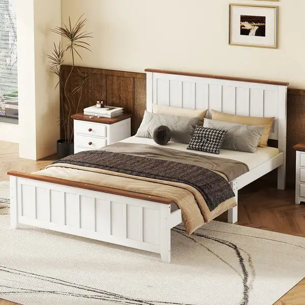 Full Size Wooden Platform Bed Frame with Slat Support - White, Vintage Simple Design