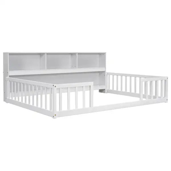 Full Size Platform Bed with Bookcase, Shelves, Guardrails - White - Minihomy