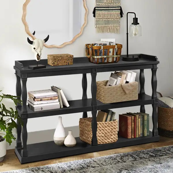 Black Console Table with 3-Tier Storage & Roman Columns - Entryway, Living Room