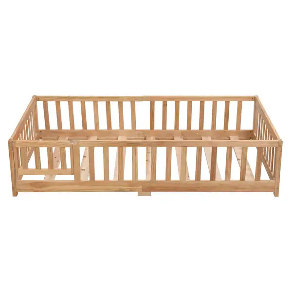 Full Size Platform Bed with Fence - Solid Pine Wood, Natural Finish, Kids Bed Frame