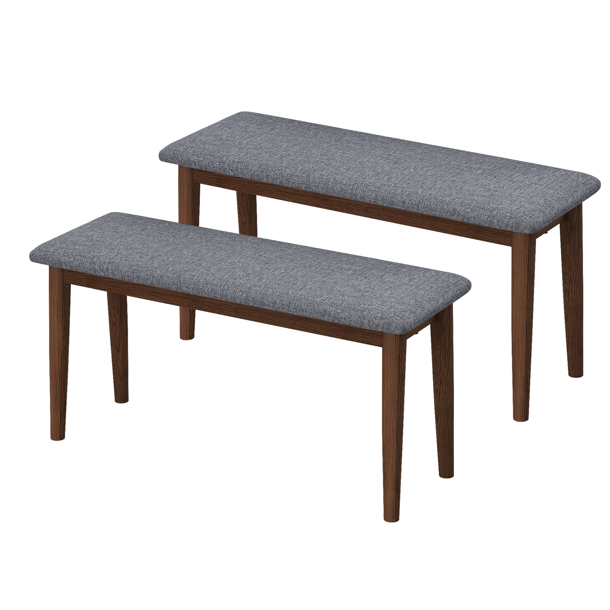 Upholstered Bench Set of 2, Retro Dining Room Bench with Rubberwood Frame, Grey & Walnut