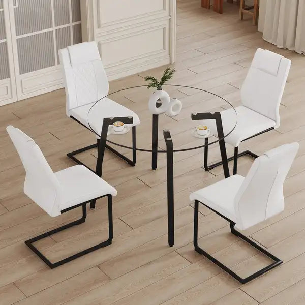 Modern Glass Dining Set: Round Table & 4 PU Leather Chairs with Black Metal Legs