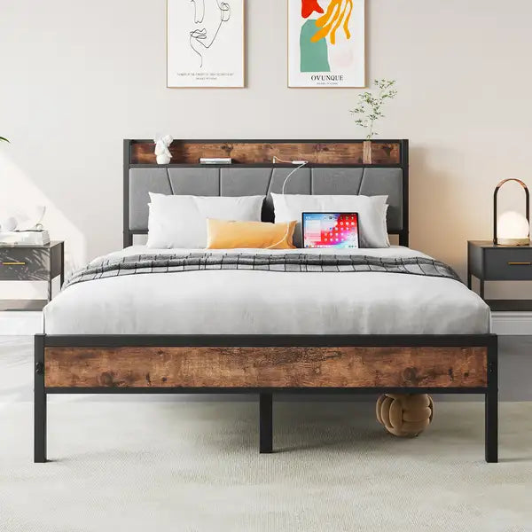 Full Size Bed Frame with Storage Headboard, Charging Station - Vintage Brown & Gray, Easy Assembly