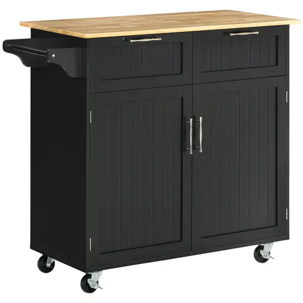 41" Black Rolling Kitchen Island with Rubberwood Top & Drawers