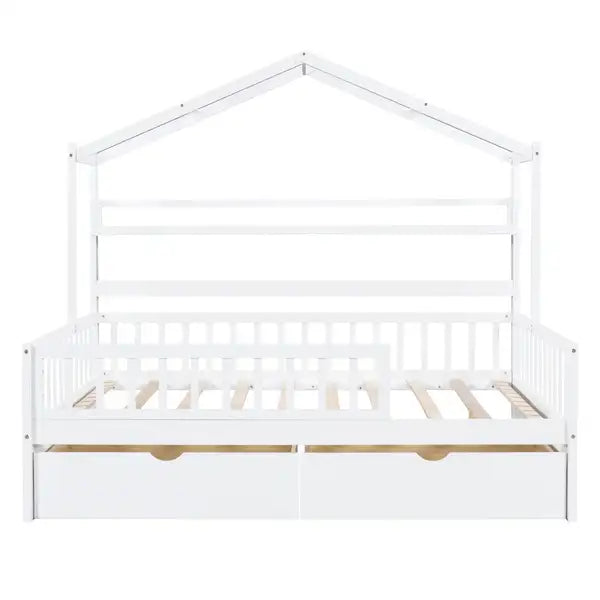 Full Size Wooden House Bed with Storage - White - Kids Bed with 2 Drawers - Minihomy