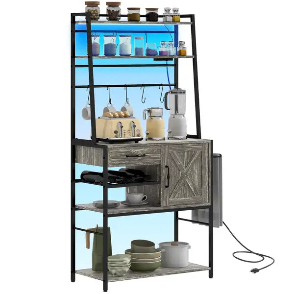 HOMCOM Industrial Baker's Rack: LED Lights, Power Outlet, Storage