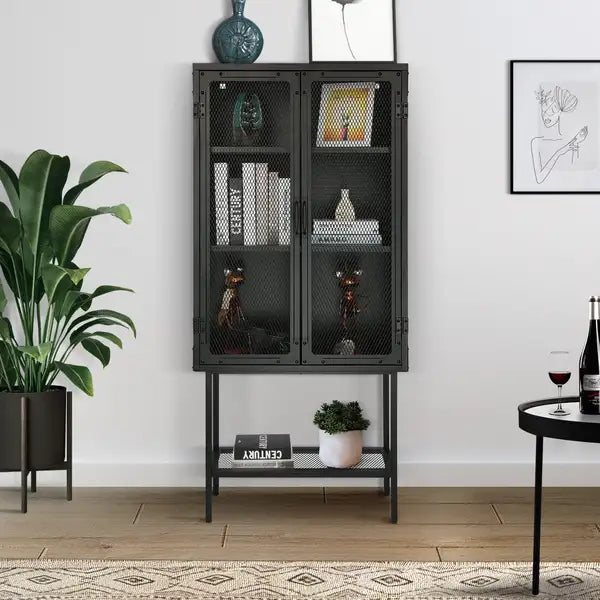 Black Industrial Metal Cabinet with Adjustable Shelves & Anti-Tip Feet