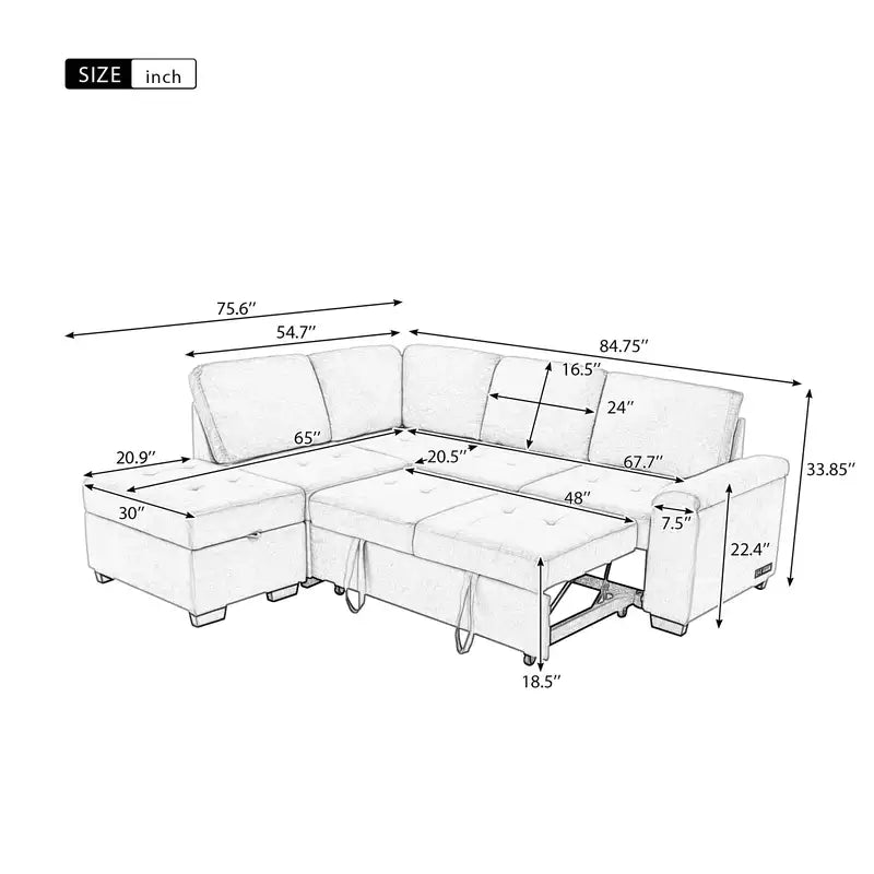 Black L-Shaped Sectional Sofa Bed with Storage & USB Charging