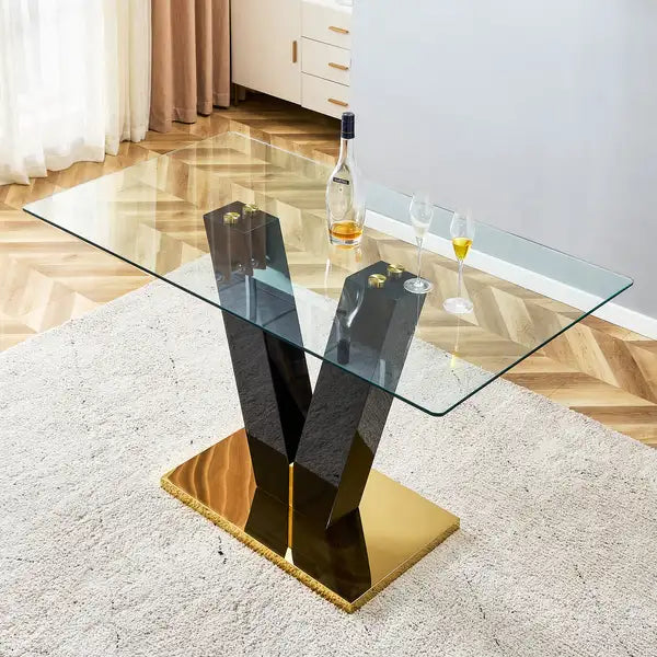 Large Modern Minimalist Glass Dining Table for 6-8 | Tempered Glass Top & MDF Base - F-V - Minihomy