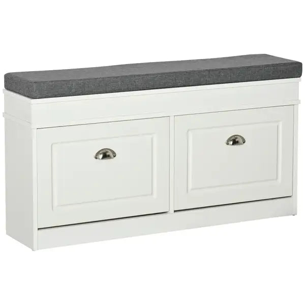 White Shoe Bench with Storage: 8-Pair Capacity, 2 Drawers, Cushioned Seat